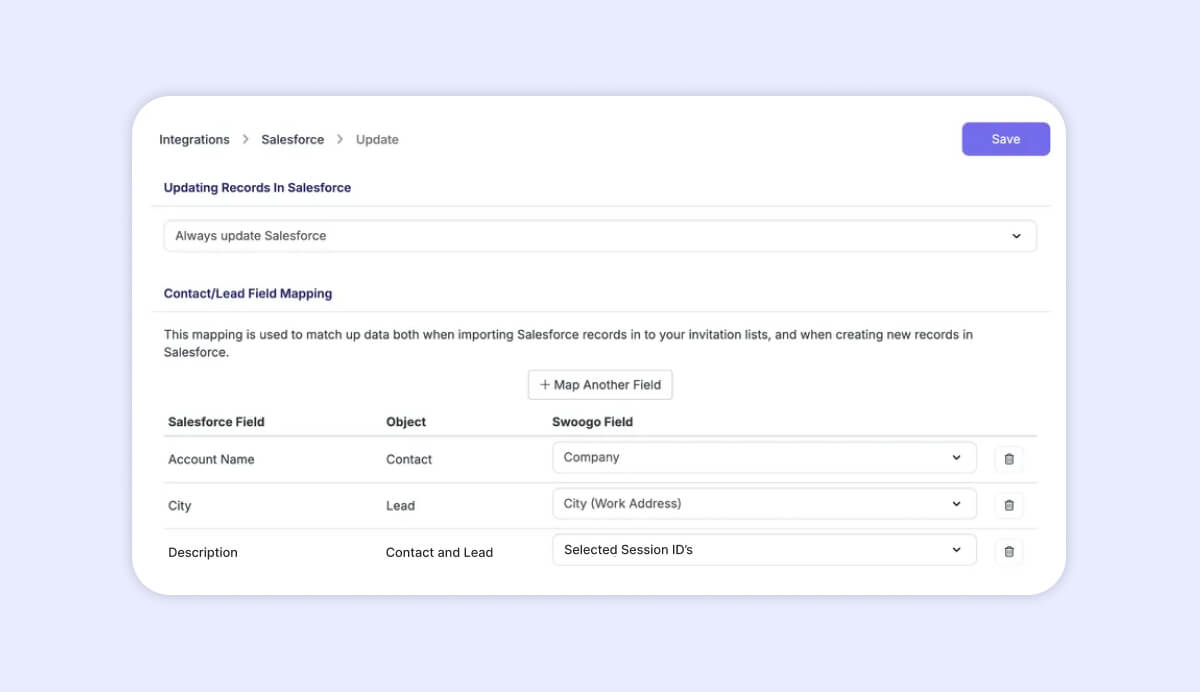 Mapping registered sessions in swoogo + salesforce integration