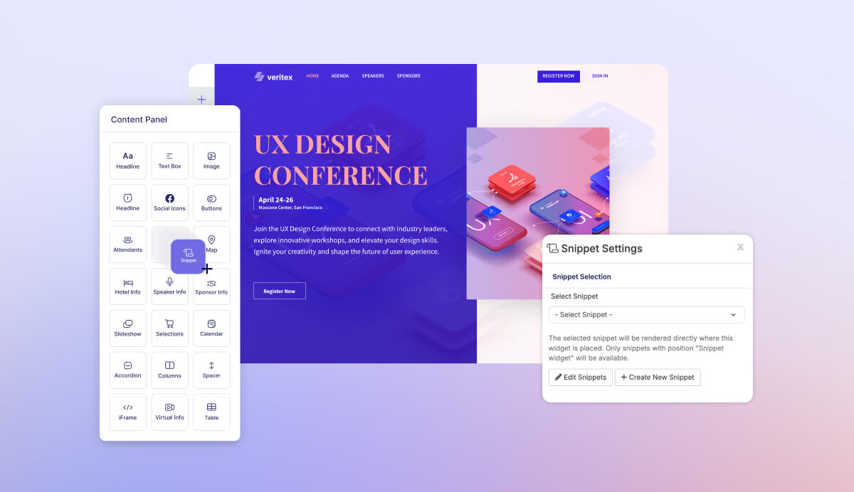 snippets widget for custom code on event websites built in Swoogo