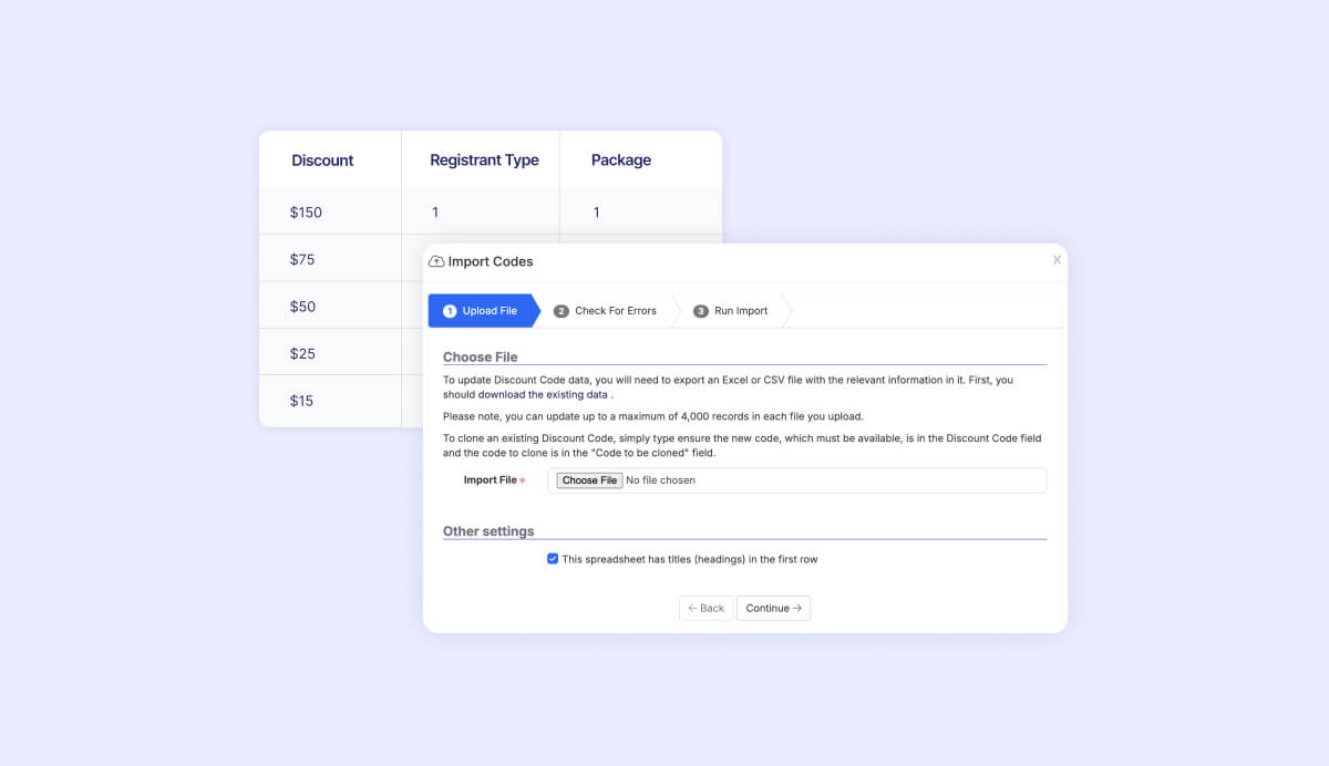 Bulk discount code settings in Swoogo