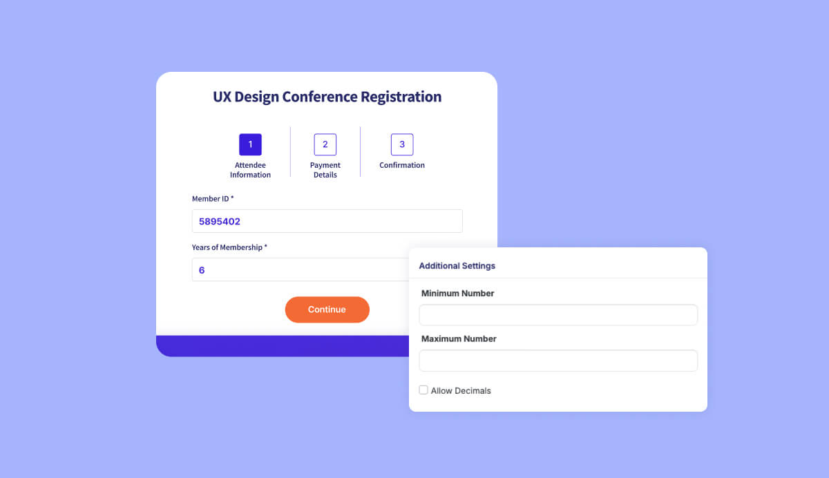 Number fields on an event registration form
