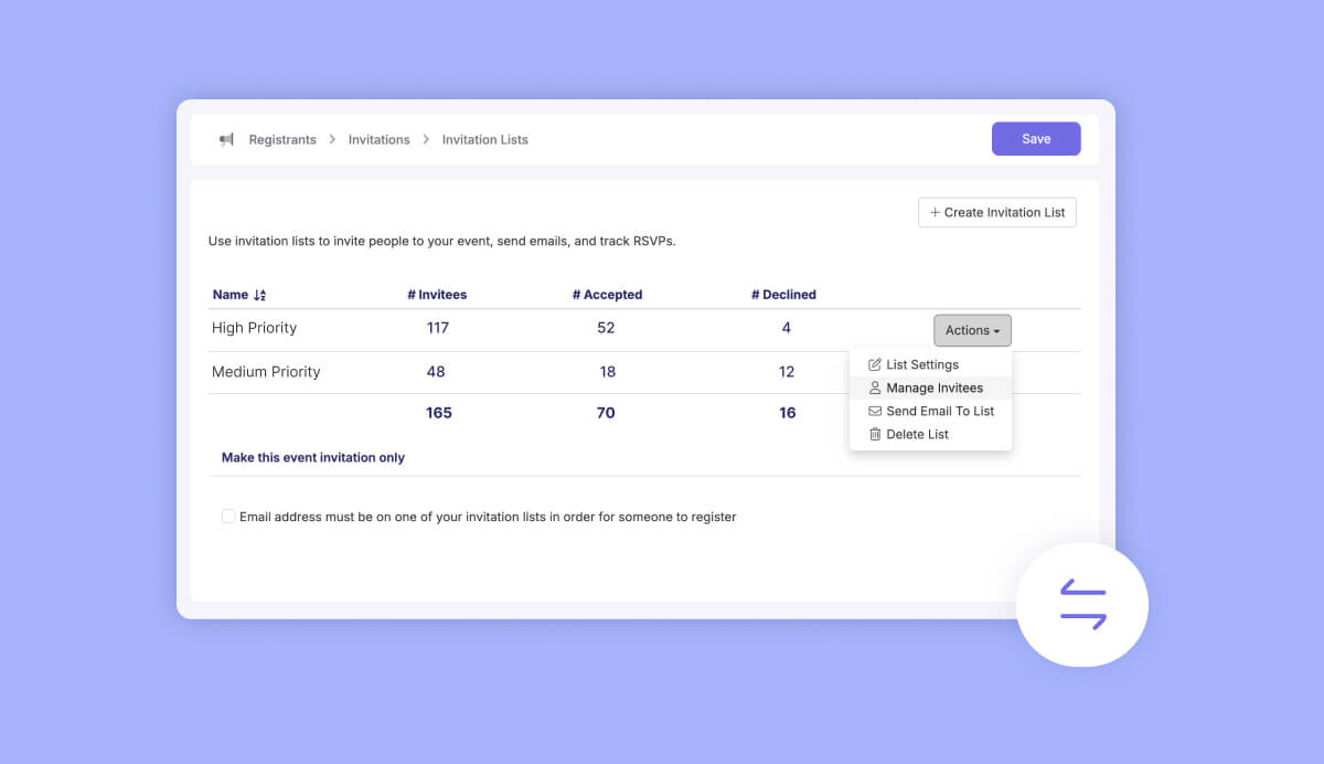 Manage invitation lists via API