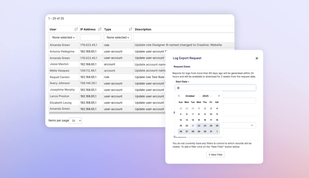 log showing administrative actions taken in swoogo
