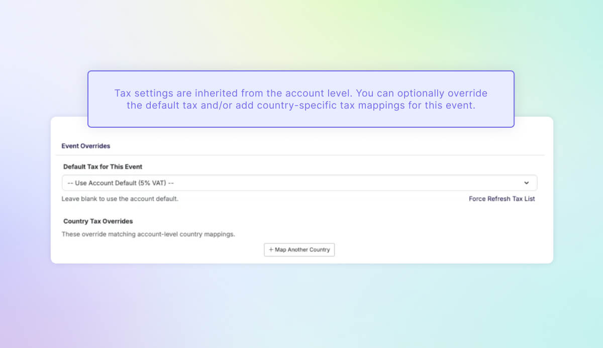Settings to configure Moneybird taxes on the event level in Swoogo
