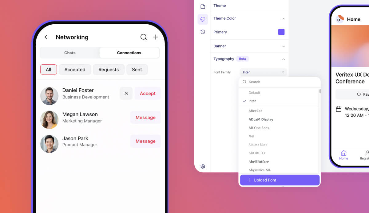 Chat and connection requests within Go Attend event app. Settings to upload a custom font.