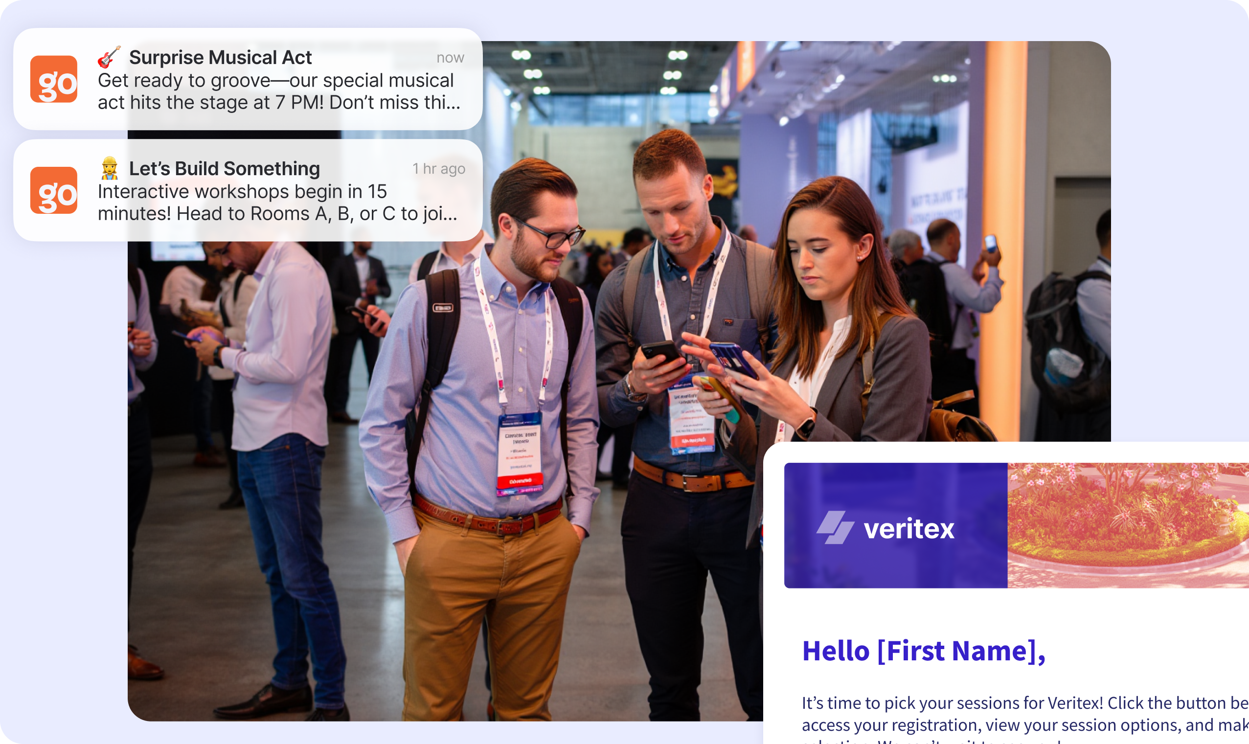 A composite image showing conference attendees checking a phone at a live event, overlaid with two Go Attend push notification examples and a branded email template for an event called "Veritex."