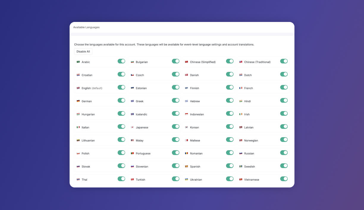 toggle language options on or off on your swoogo account