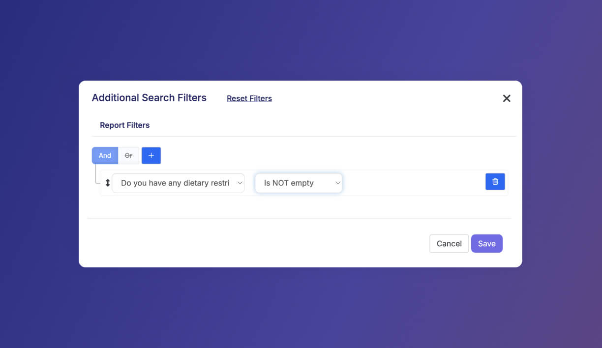 filtering registrant report to show all who submitted responses to "Do you have any dietary restrictions?"