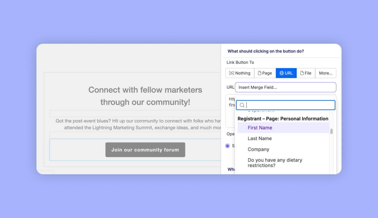 settings to add dynamic merge fields to buttons or hyperlinks