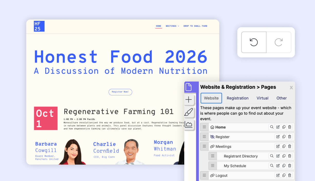 Swoogo website builder with undo and redo buttons