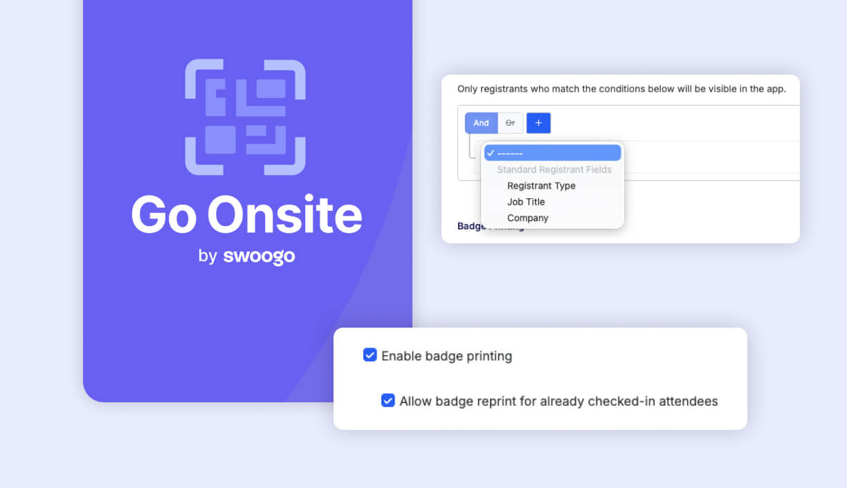 Go Onsite app settings for badge reprint and registrant visibility filters