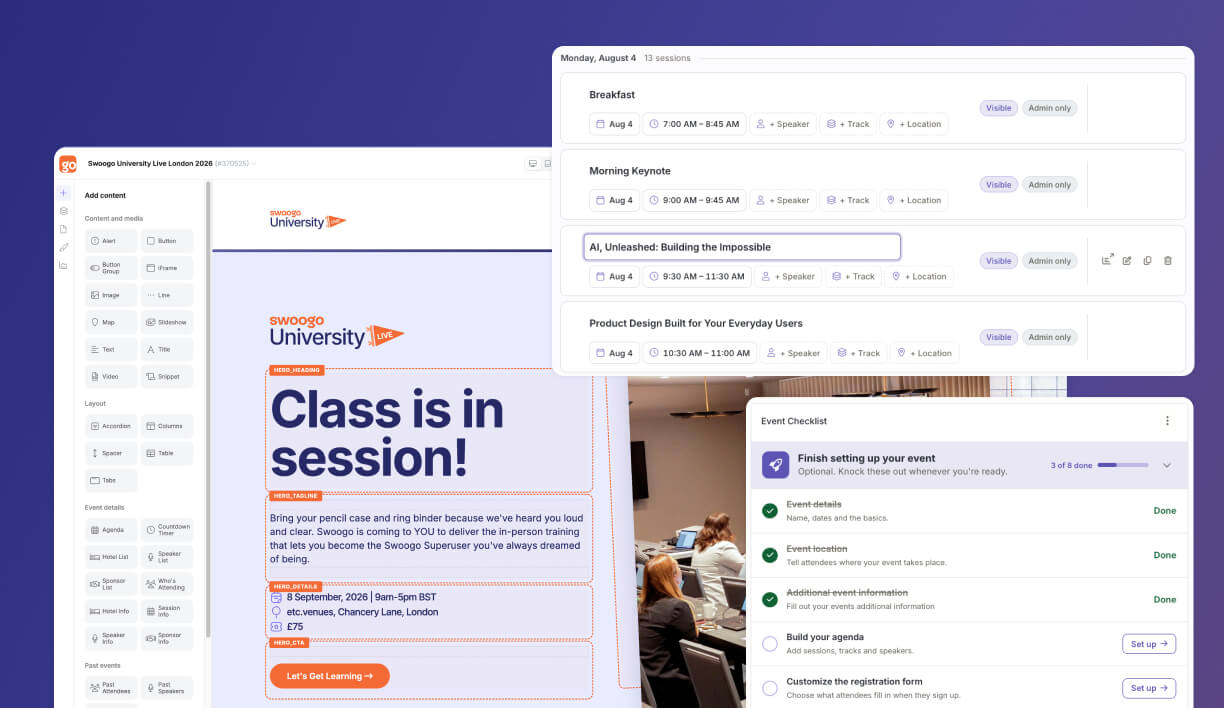 Swoogo's updated user interface in the website designer, sessions panel, and the event setup checklist